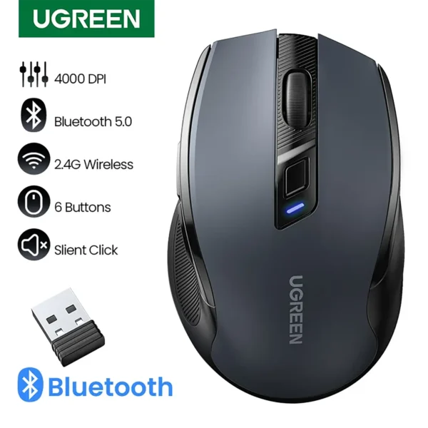 UGREEN Wireless 2.4GHz Bluetooth 5.0 Ergonomic 4000DPI 6 Mute Buttons Mouse - Black