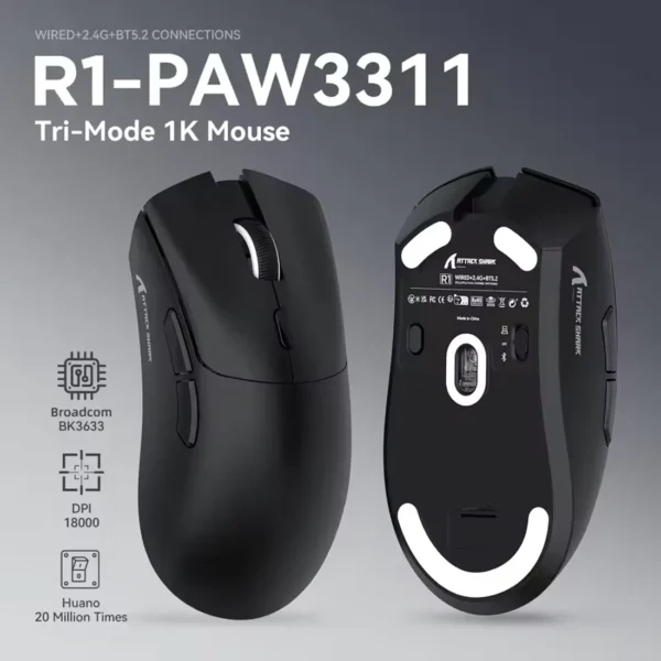 attacksharkr1-1 Attack Shark R1 Gaming Mouse PAW3311 18000dpi Wireless 1000Hz Rechargeable - Black