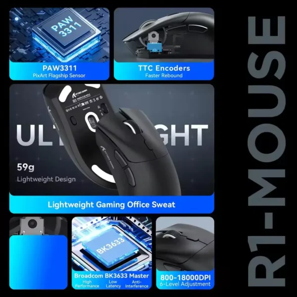 attacksharkr1-3 Attack Shark R1 Gaming Mouse PAW3311 18000dpi Wireless 1000Hz Rechargeable - Black