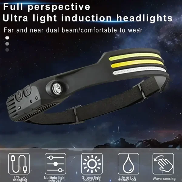 LED Sensor Camping Head Flashlight Rechargeable - Black