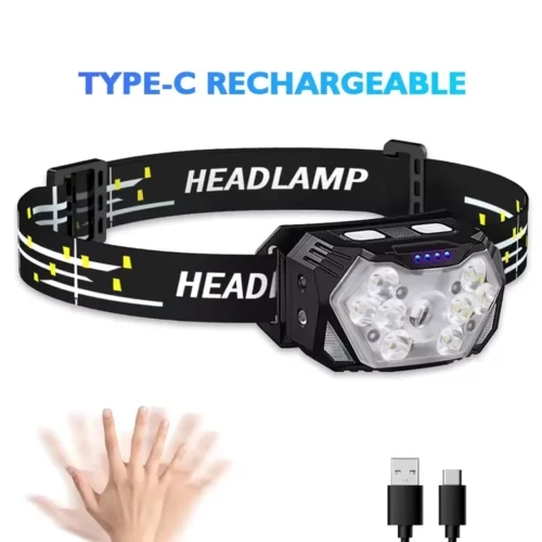 LED Strong Headlight Motion Sensor White Red Light Rechargeable - Black