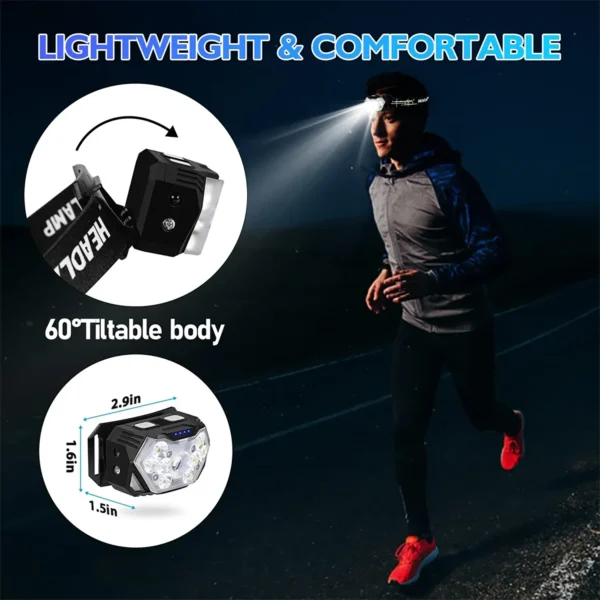 LED Strong Headlight Motion Sensor White Red Light Rechargeable - Black