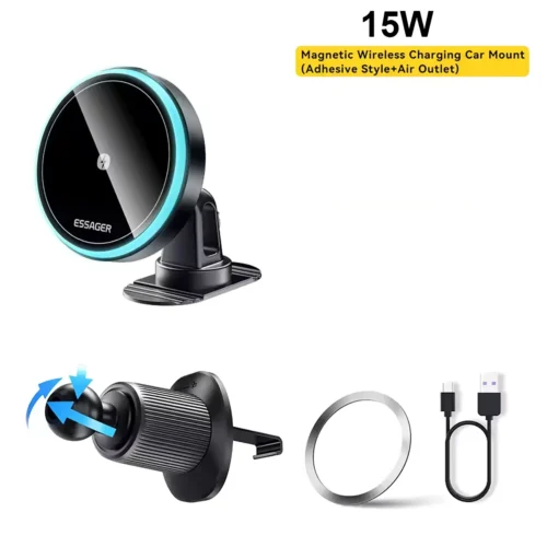 Essager Phone Holder Magnetic Wireless charger 15W for Car Air Vent Outlet & Adhesive Style - Black