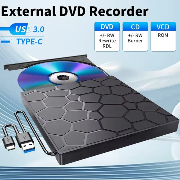 dvdrw-usb-main External DVD RW CD Writer USB Type-C or USB3.0 Slim For PC, Laptop, Mac - Black