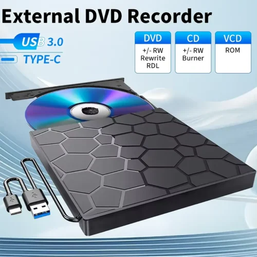 External DVD RW CD Writer USB Type-C or USB3.0 Slim For PC, Laptop, Mac - Black