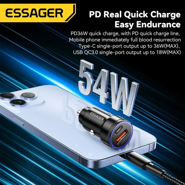 Essager Phone Fast Car Charger 54W QC 3.0 USB & USB C Black