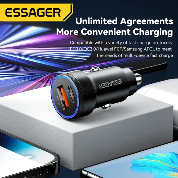 Essager Phone Fast Car Charger 54W QC 3.0 USB & USB C Black