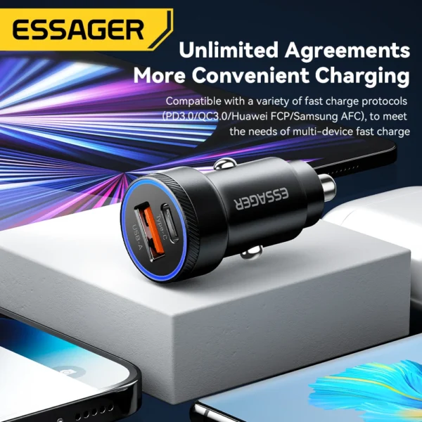 Essager Phone Fast Car Charger 54W QC 3.0 USB & USB C
