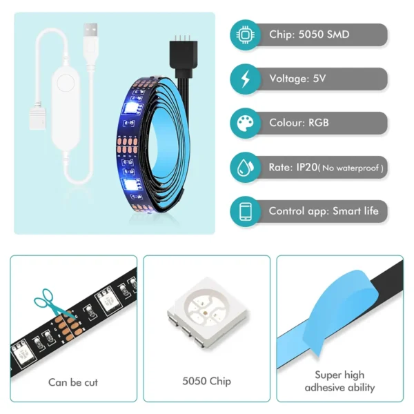 tuya-ledstrip-1 Tuya Led Strip 5m Wifi RGB 5050 5V USB For TV Backlighting or Computer Screens and More