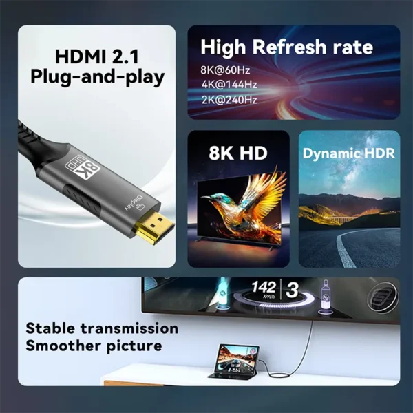 USB C to HDMI Cable 8K@60Hz 4K@120Hz Type C to HDMI-Compatible HDTV Cable for TV Laptop MacBook iPad