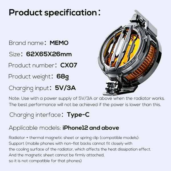 memocx7-3 MEMO CX07 NEW Magnetic Backclip 2 IN 1 Semiconductor Cooling Fan Radiator for iPhone Android PUBG