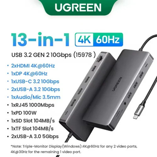 ugreen-hub13in1-main UGREEN USB-C HUB 13-in-1 Triple Display 4K Dual HDMI DP 10Gbps USB3.2 PD100W RJ45 Docking Station