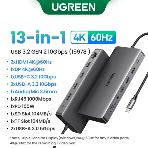 ugreen13in1 UGREEN 13-in-1 USB C USB3.2 HUB 10Gbps Two HDMI 4K@60Hz One DP 4K@60 RJ45 PD 100W Dock for Desktop Laptop MacBook
