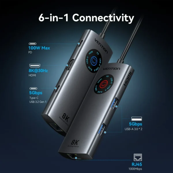 ventium-hub6in1-1 Vention 6-in-1 USB C 8K@30Hz HDMI HUB Smart Led Touch USB 3.0 RJ45 PD100W Docking Station for MacBook Desktop iPad Laptop