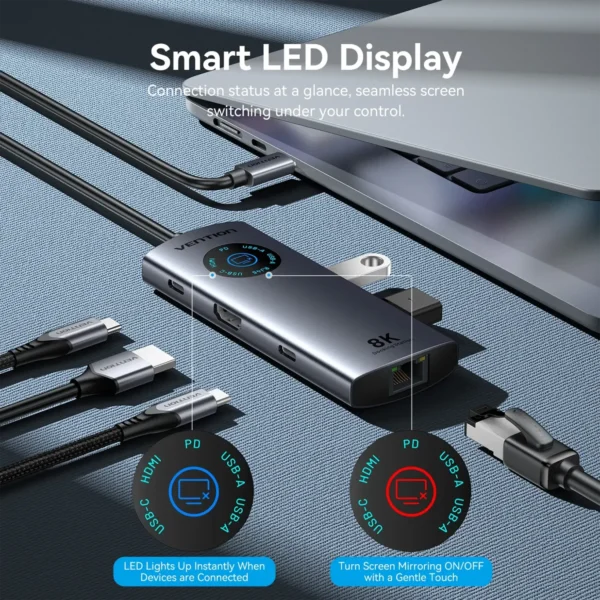 ventium-hub6in1-2 Vention 6-in-1 USB C 8K@30Hz HDMI HUB Smart Led Touch USB 3.0 RJ45 PD100W Docking Station for MacBook Desktop iPad Laptop