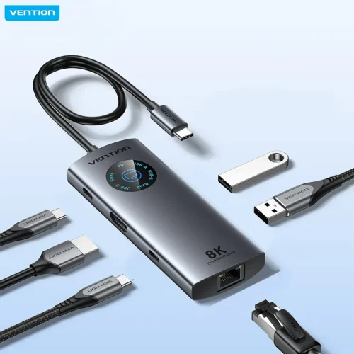 ventium-hub6in1-main Vention 6-in-1 USB C 8K@30Hz HDMI HUB Smart Led Touch USB 3.0 RJ45 PD100W Docking Station for MacBook Desktop iPad Laptop