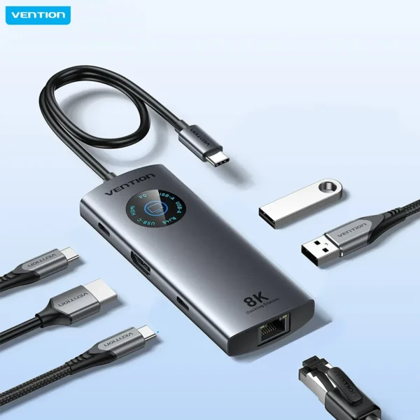 ventium-hub6in1-main Vention 6-in-1 USB C 8K@30Hz HDMI HUB Smart Led Touch USB 3.0 RJ45 PD100W Docking Station for MacBook Desktop iPad Laptop