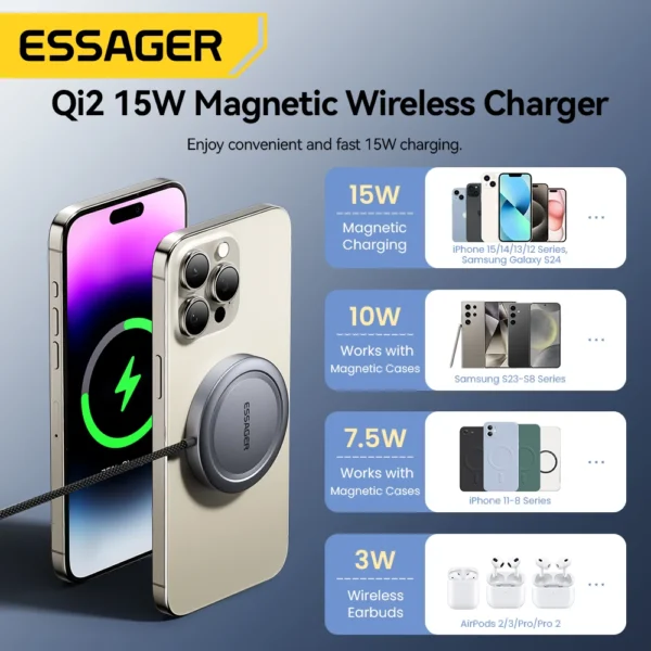 Essager 15W Magnetic Wireless Charger Qi2 Wireless Charger Fast Charging