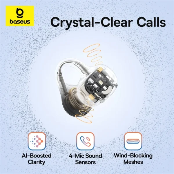 kf-S1568f5f438464891b07a6bb9787680bbs Baseus BC1 Ear Clip Earbuds Open Ear Wireless Earphones Bluetooth 6.0 Clip On Sports Headphones 4-Mics Super Bass IP55 - Black