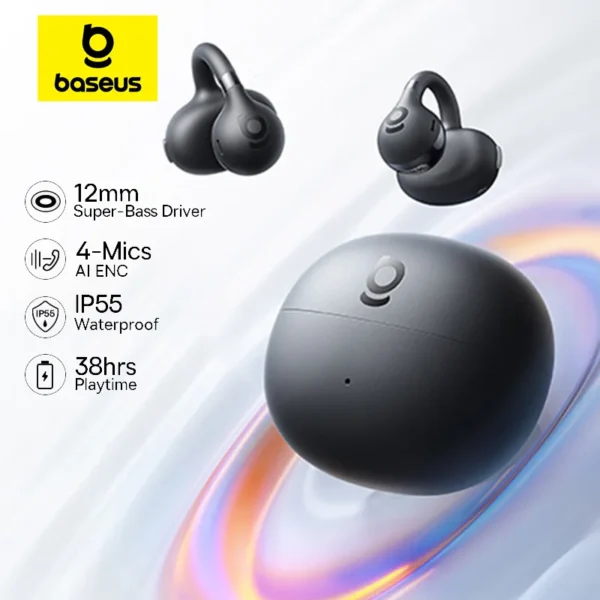 kf-S536822a9008348e7b05faf9ae7adb817V Baseus BC1 Ear Clip Earbuds Open Ear Wireless Earphones Bluetooth 6.0 Clip On Sports Headphones 4-Mics Super Bass IP55 - Black