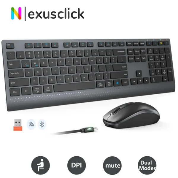 mouse-kbd-1 NexusClick Dual-mode Wireless 2.4Ghz and Bluetooth Combo Keyboard Mouse Set Rechargeable - Black