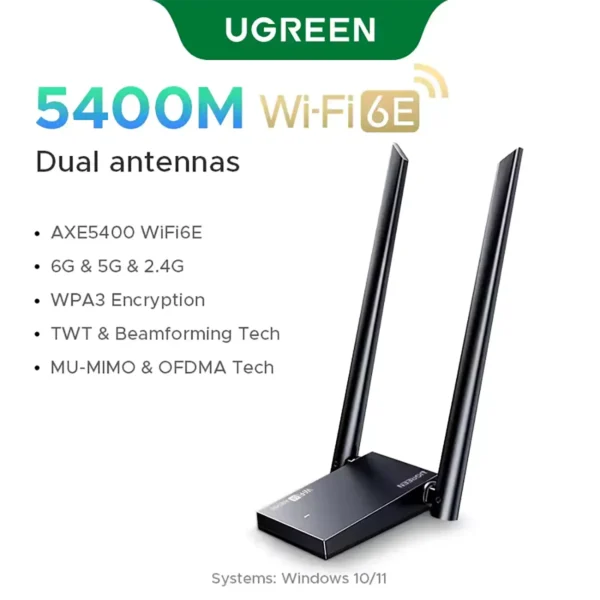 ugreen-wifiaxe-5 UGREEN WiFi6E Adapter AXE5400 6G/5G/2.4G Tri-band for Desktop Laptop Windows 10/11 WPA3 Dual Antennas