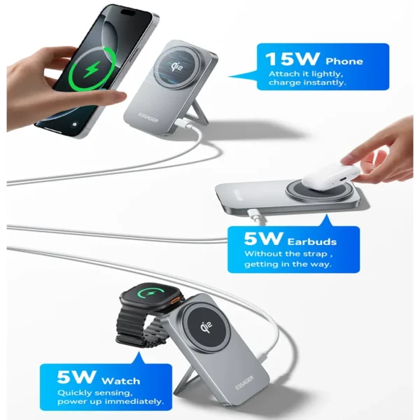 Essager 2-in-1 Wireless Charger Qi2 15W Magnetic Wireless Charging Stand For iPhone EarBuds Watch - Grey
