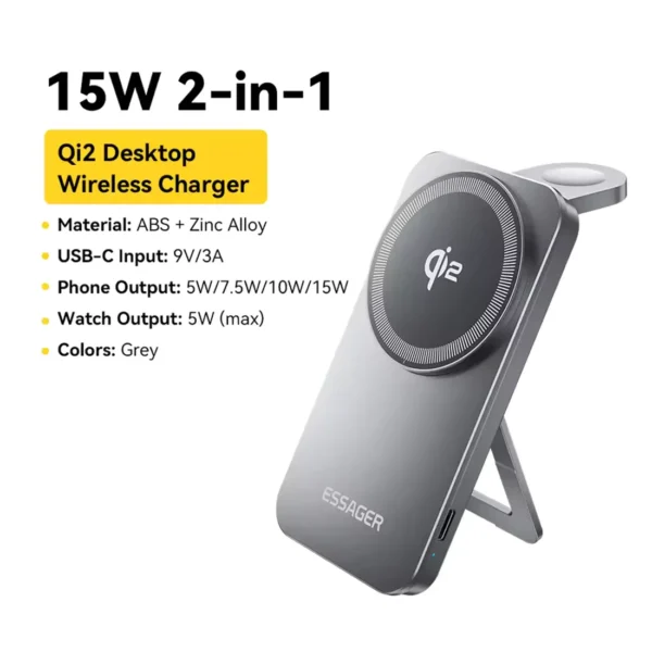Essager 2-in-1 Wireless Charger Qi2 15W Magnetic Wireless Charging Stand For iPhone EarBuds Watch - Grey