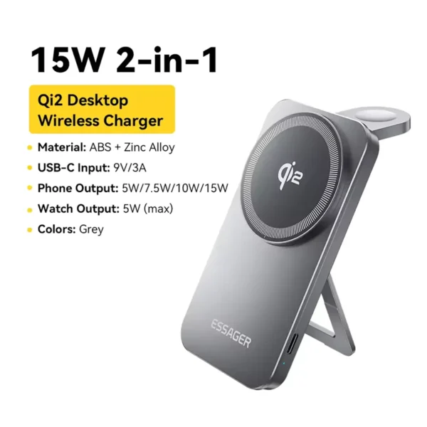 essager-qi215wwificharger-7 Essager 2-in-1 Wireless Charger Grey Qi2 15W Magnetic Wireless Charging Stand For iPhone EarBuds Watch