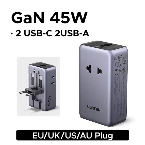UGREEN GaN 45W Universal Travel Adapter 2 Type-C 2 USB Ports Fast Charging